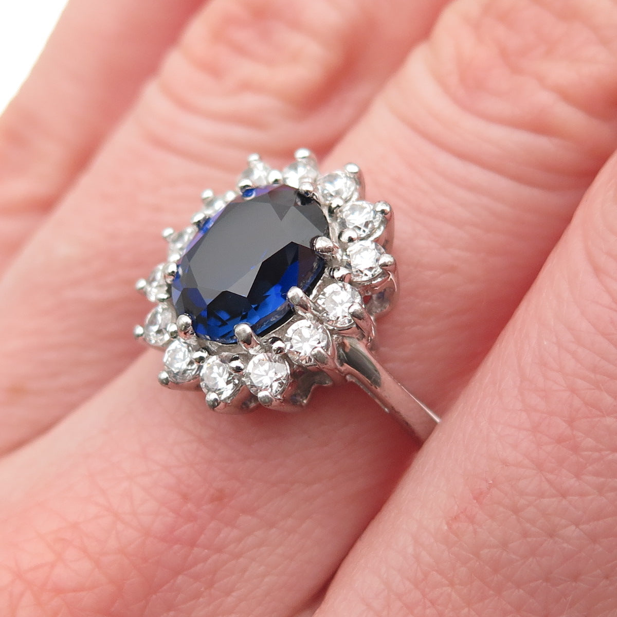 925 Sterling Silver Lab-Created Sapphire & C Z Ring Size 6.25