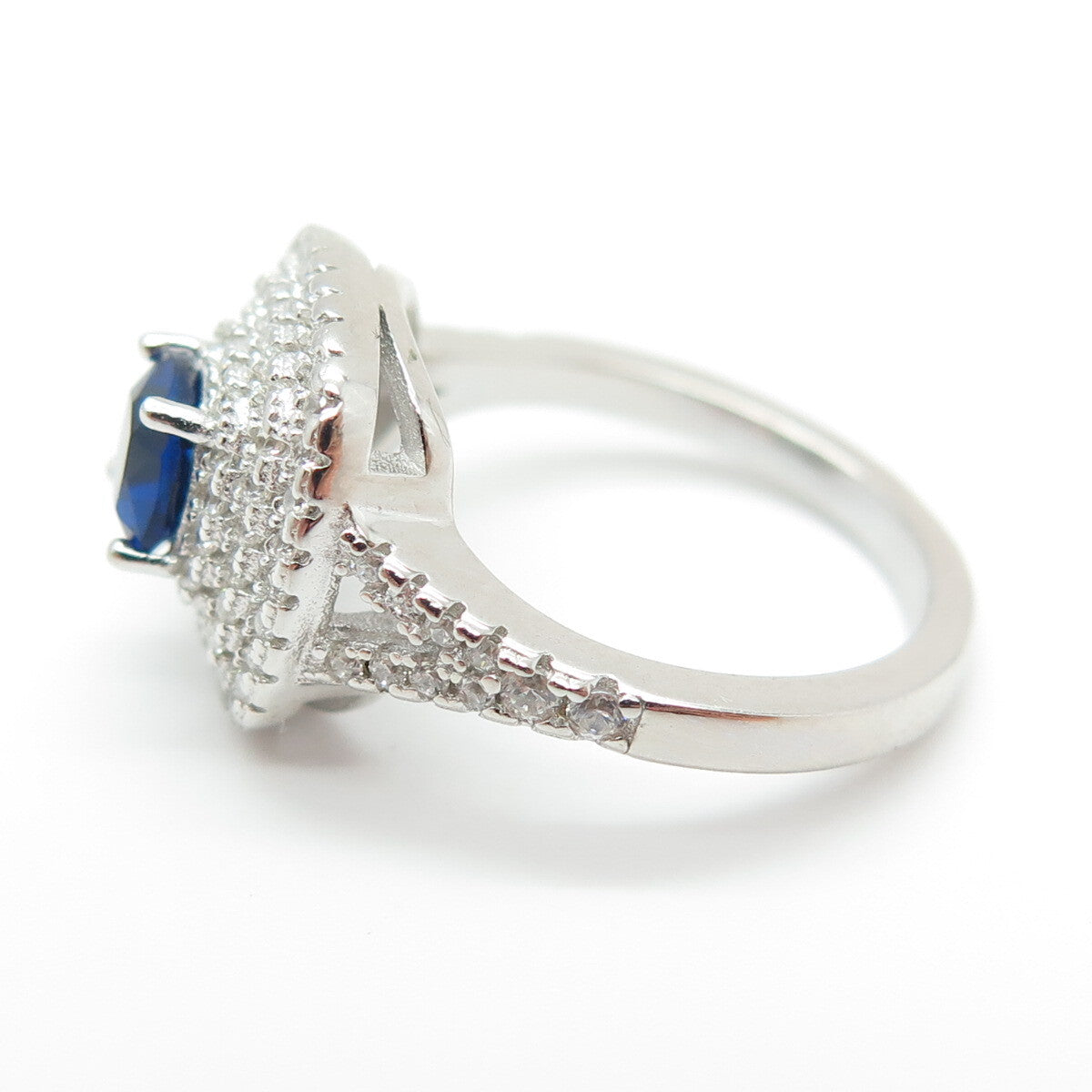 925 Sterling Silver Cushion & Round-Cut Blue White C Z Ring Size 5