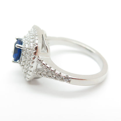 925 Sterling Silver Cushion & Round-Cut Blue White C Z Ring Size 5