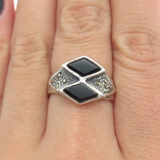 925 Sterling Silver Vintage Real Black Onyx & Marcasite Gemstone Ring Size 8.25