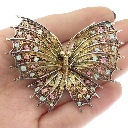 800 Silver Vintage Enamel Filigree Butterfly Pin Brooch