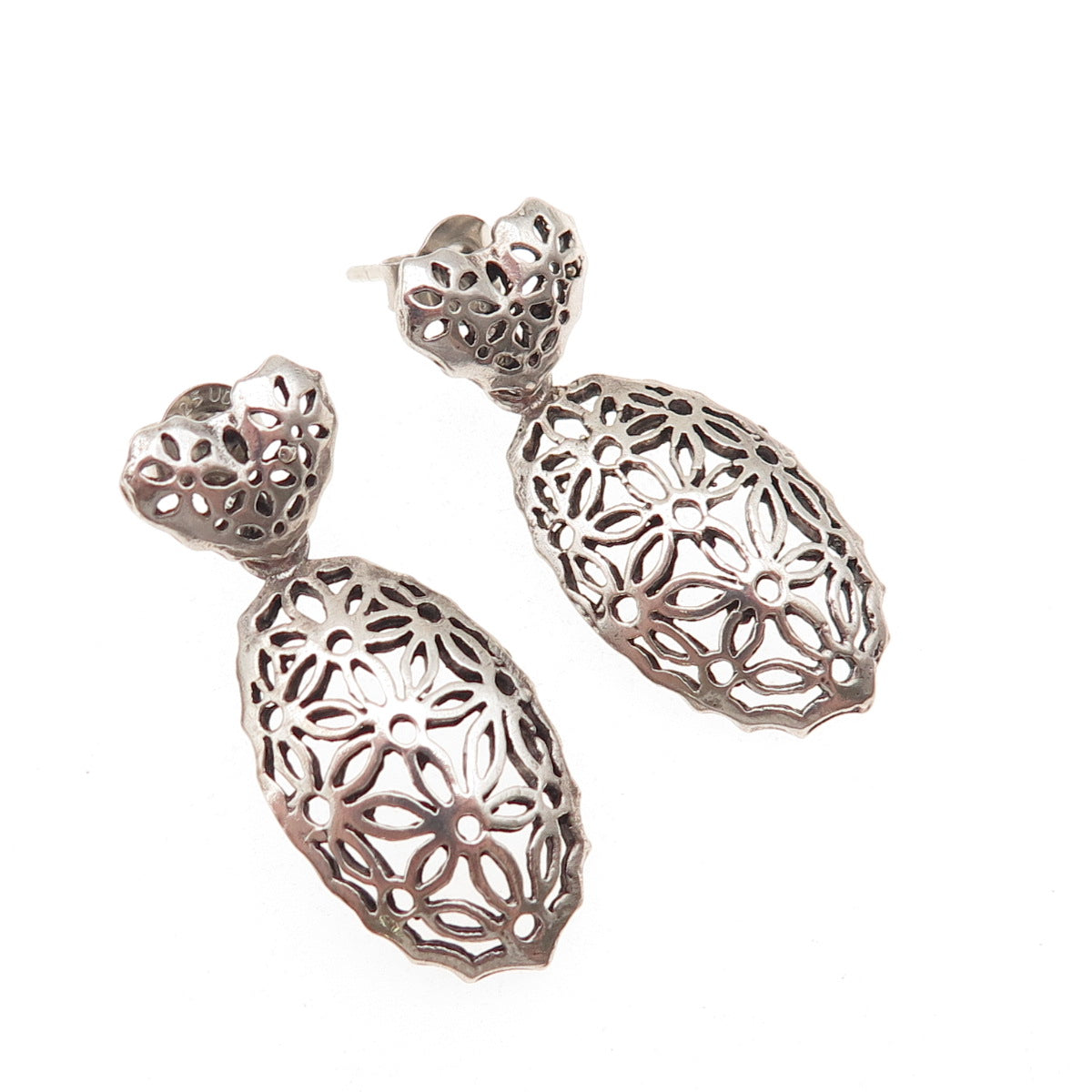 925 Sterling Silver Vintage Floral Ornate Oxidized Dangle Earrings