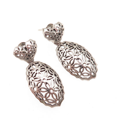 925 Sterling Silver Vintage Floral Ornate Oxidized Dangle Earrings