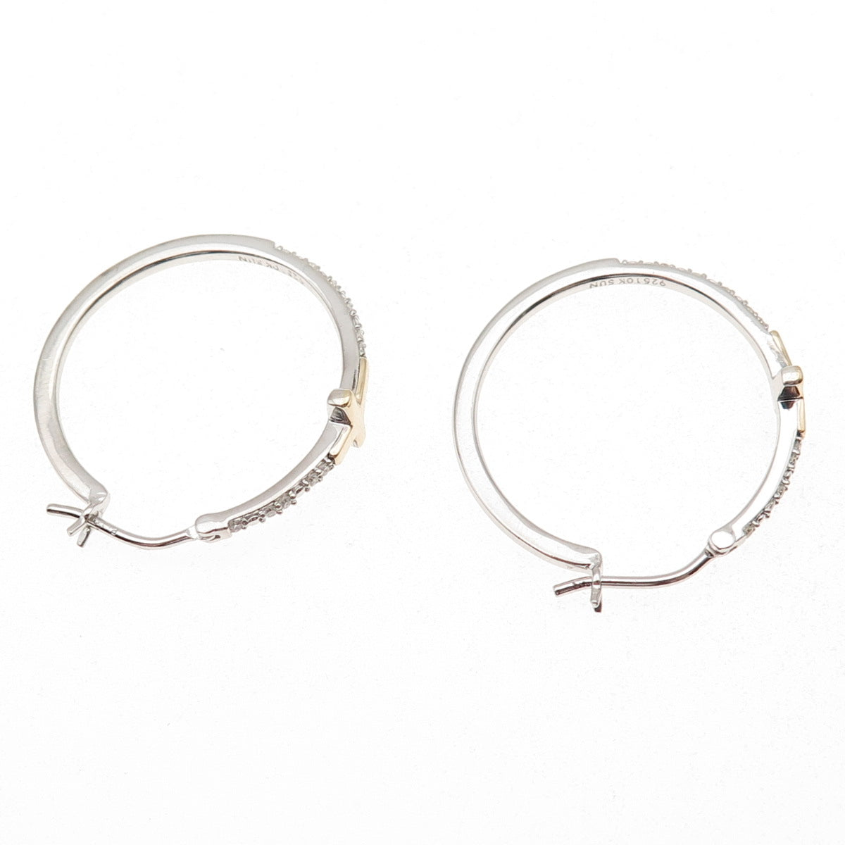 Sun 925 Sterling Silver 10K Gold Real Diamond Cross Hoop Earrings