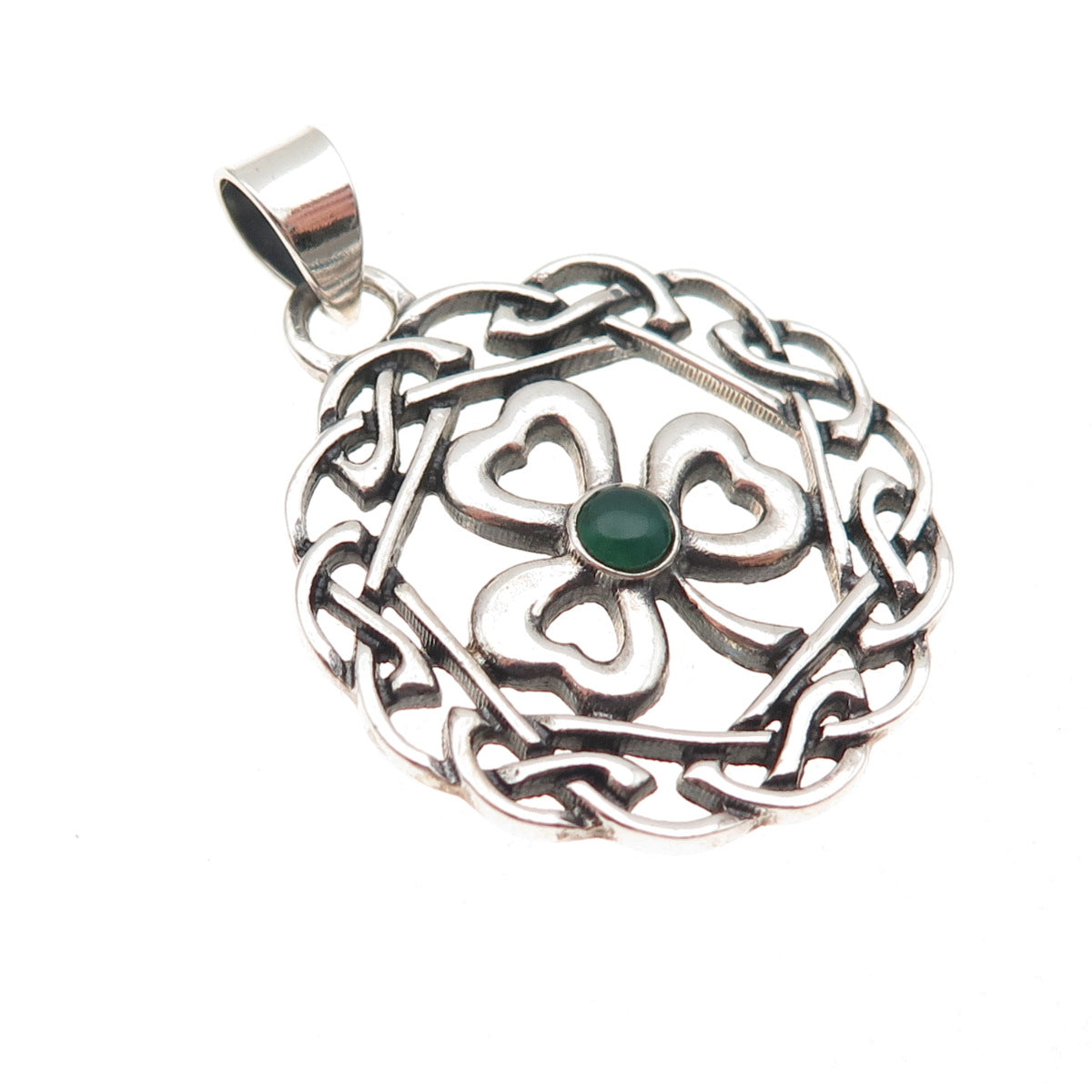 925 Sterling Silver Vintage Real Green Onyx Clover Celtic Knot Charm Pendant
