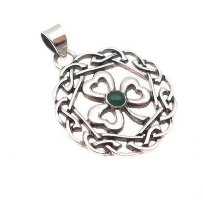 925 Sterling Silver Vintage Real Green Onyx Clover Celtic Knot Charm Pendant