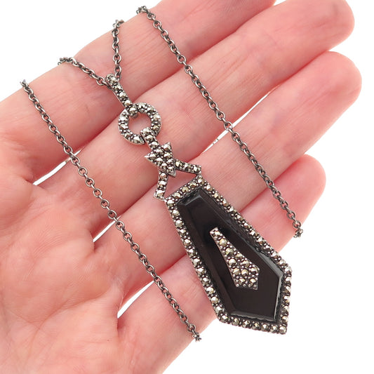925 Sterling Silver Vintage Real Black Onyx & Marcasite Chain Necklace 18-20"