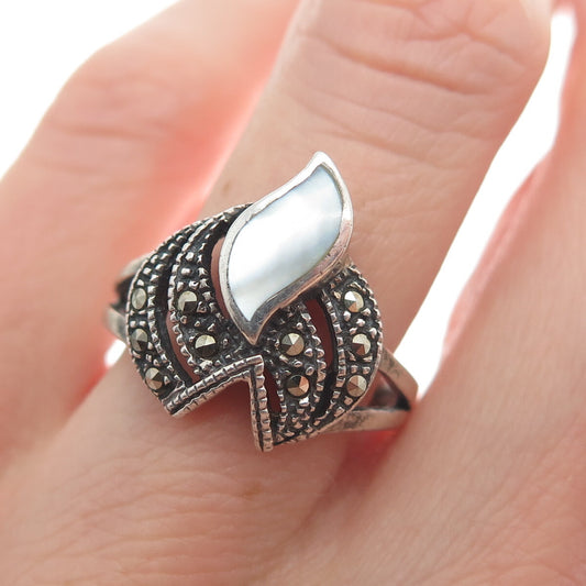 925 Sterling Silver Vintage Real MOP & Marcasite Flame Oxidized Ring Size 8