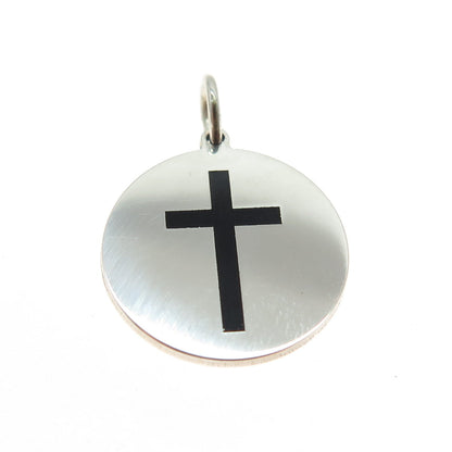 925 Sterling Silver Black Enamel Cross Round Tag Minimalist Charm Pendant