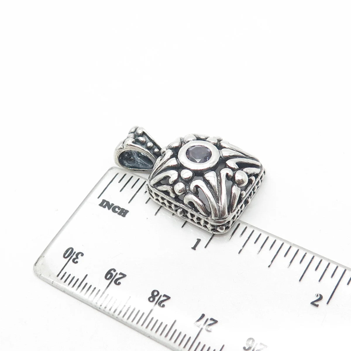 925 Sterling Silver Vintage Real Round-Cut Amethyst Gem Oxidized Swirl Pendant