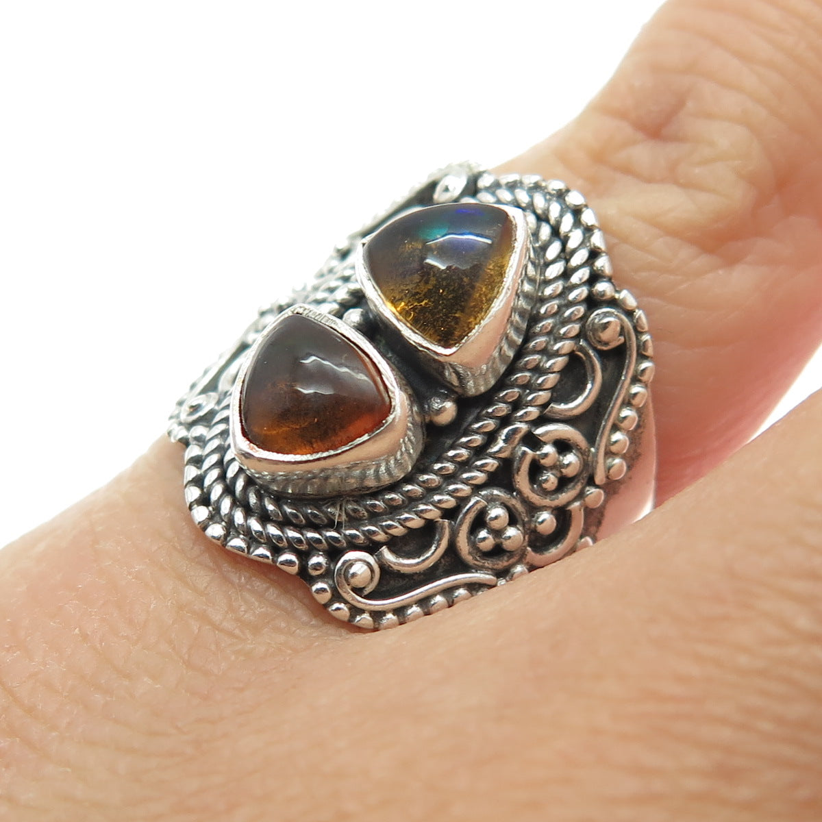 925 Sterling Silver Vintage Real Amber Granulated Roped Oxidized Ring Size 5.75