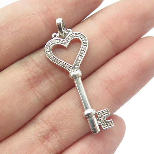 925 Sterling Silver Real Round-Cut White Diamond Heart Key Pendant