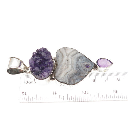 925 Sterling Silver Vintage Real Druzy Agate & Amethyst Large 34.6g Pendant