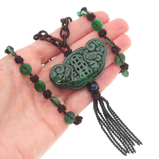 Vintage Real Jade & Lapis Carved Adjustable Cord Necklace 26"