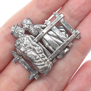 BEAU 925 Sterling Silver Vintage Kissing Couple Along a Fence Oxidized Brooch