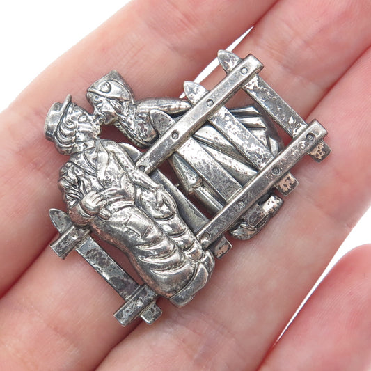 BEAU 925 Sterling Silver Vintage Kissing Couple Along a Fence Oxidized Brooch
