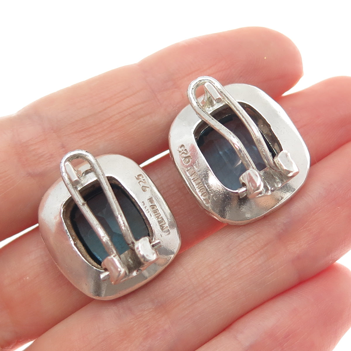 925 Sterling Silver Vintage Mexico Cushion-Cut Blue C Z Omega Back Earrings