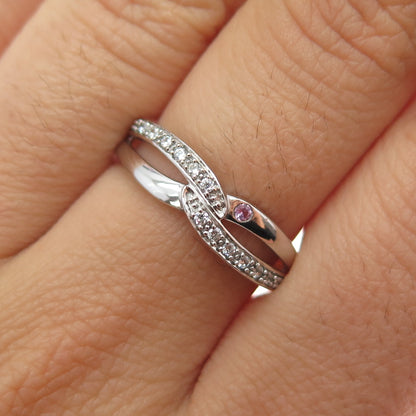 925 Sterling Silver Real Pink Sapphire & C Z Interlocked Ring Size 7
