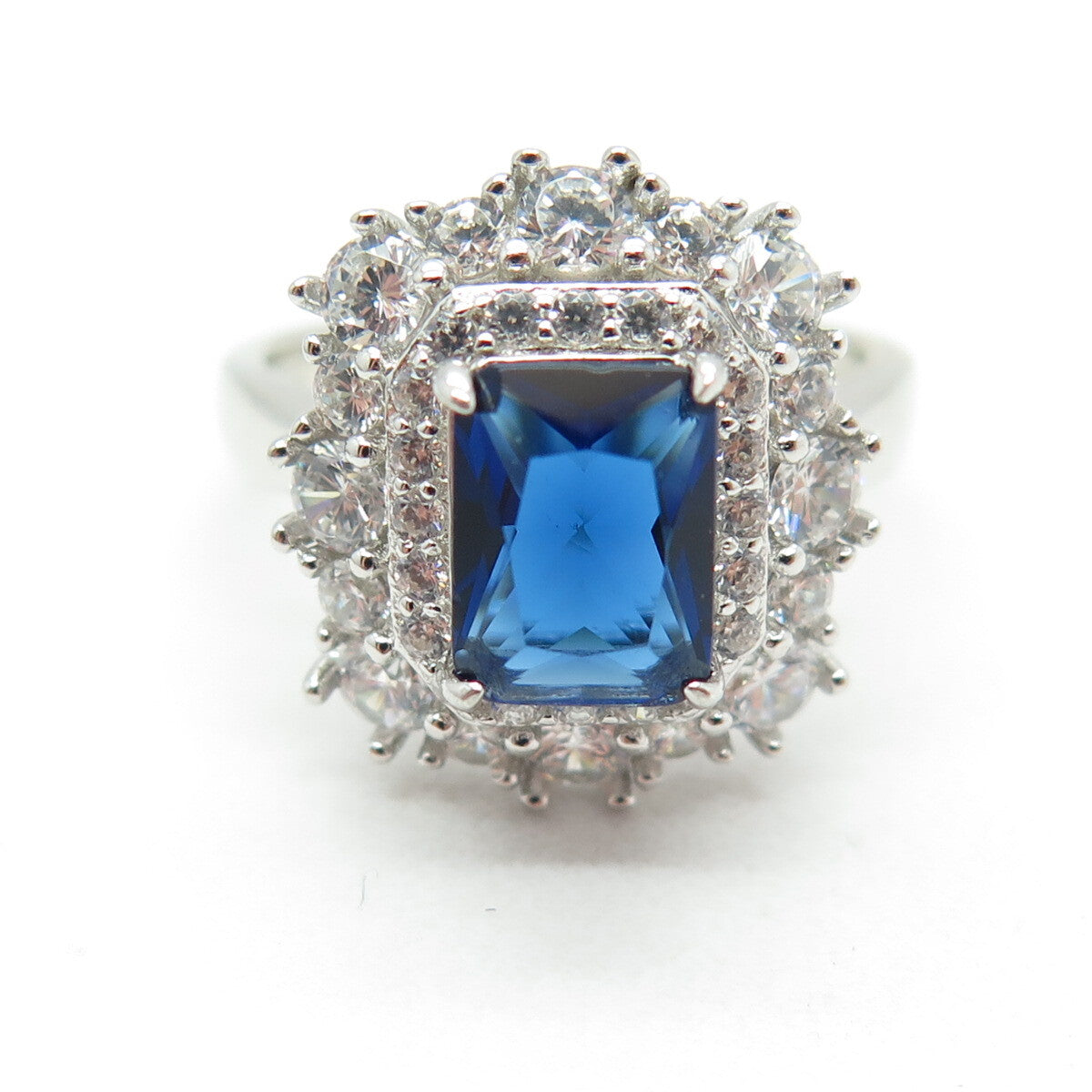 DSMK 925 Sterling Silver Radiant-Cut Nano Sapphire & Round-Cut C Z Ring Size 7