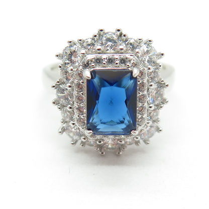 DSMK 925 Sterling Silver Radiant-Cut Nano Sapphire & Round-Cut C Z Ring Size 7