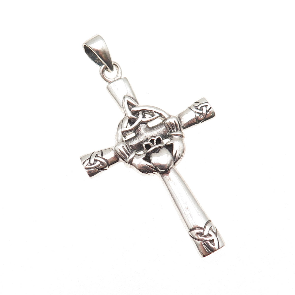 925 Sterling Silver Vintage Irish Claddagh Celtic Cross Oxidized Charm Pendant
