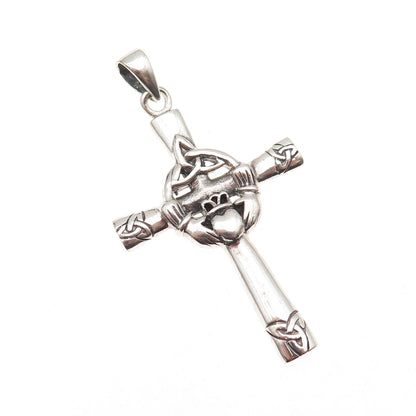 925 Sterling Silver Vintage Irish Claddagh Celtic Cross Oxidized Charm Pendant