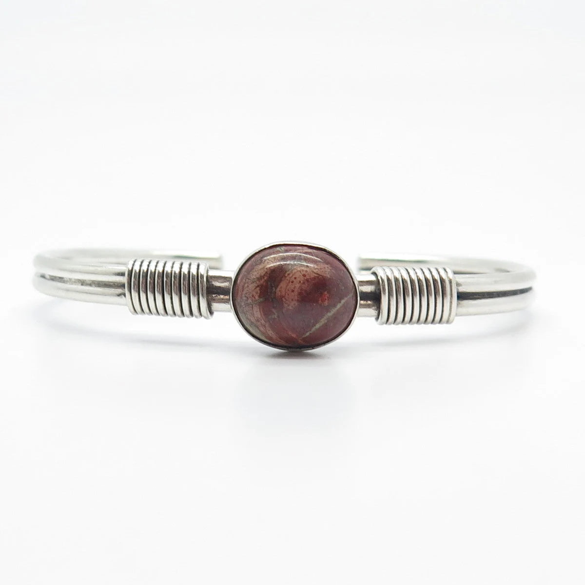 925 Sterling Silver Vintage Picture Jasper Gem Adjustable Cuff Bracelet 5.5"