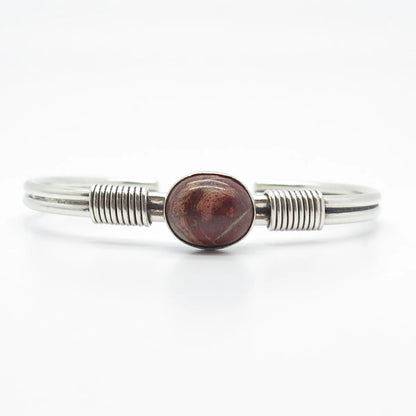 925 Sterling Silver Vintage Picture Jasper Gem Adjustable Cuff Bracelet 5.5"