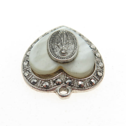 925 Sterling Silver Antique Real MOP & Marcasite Gem St. Mary Religious Pendant