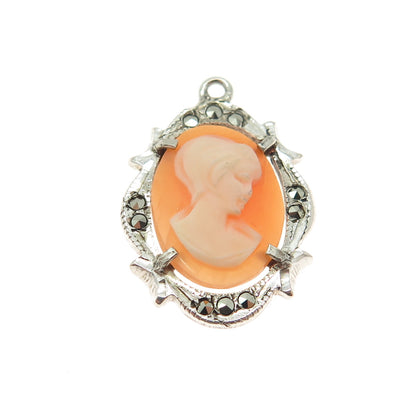 800 Silver Antique Real Marcasite Gemstone Cameo Victorian Lady Pendant