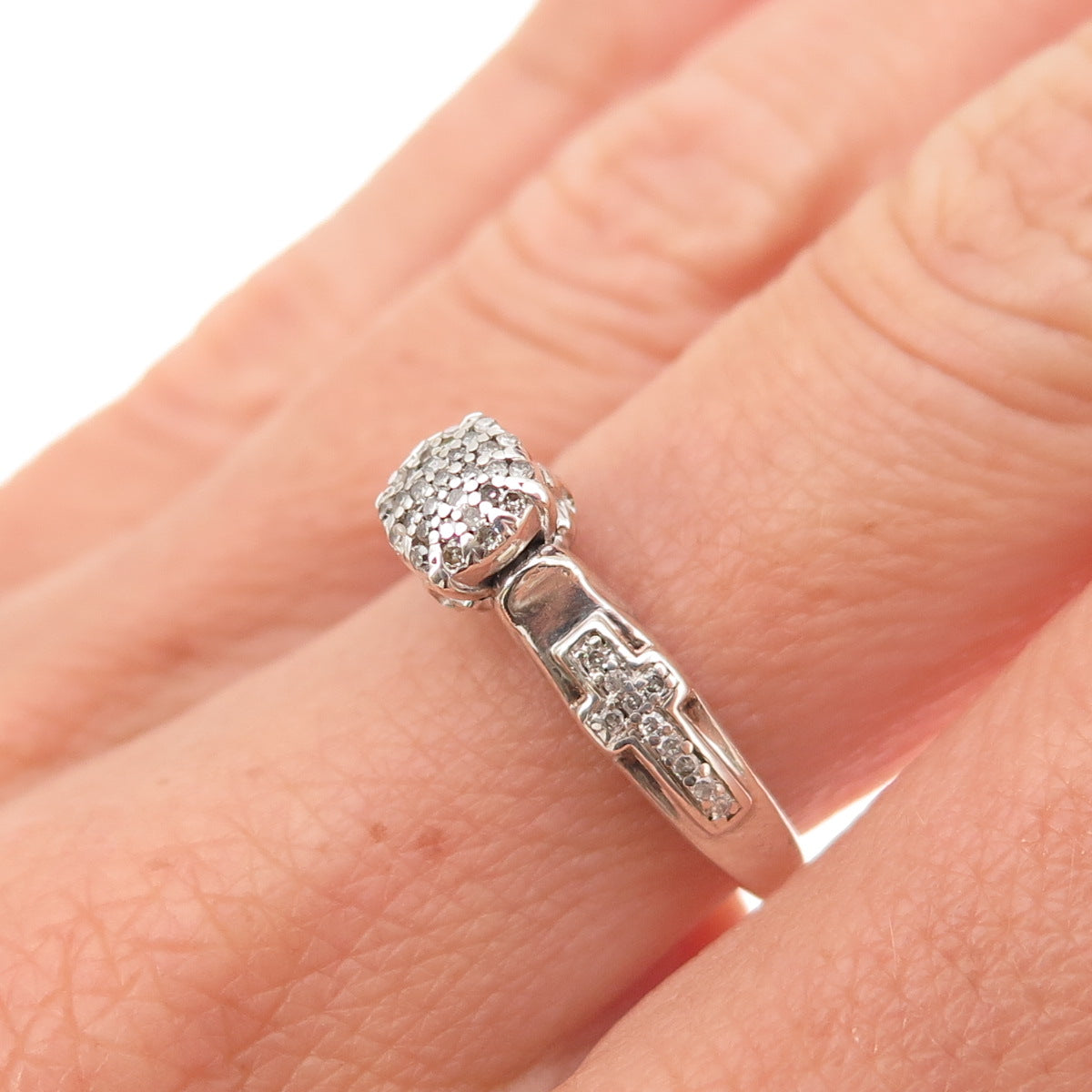 925 Sterling Silver Real Round-Cut Diamond Cross Engagement Ring Size 6