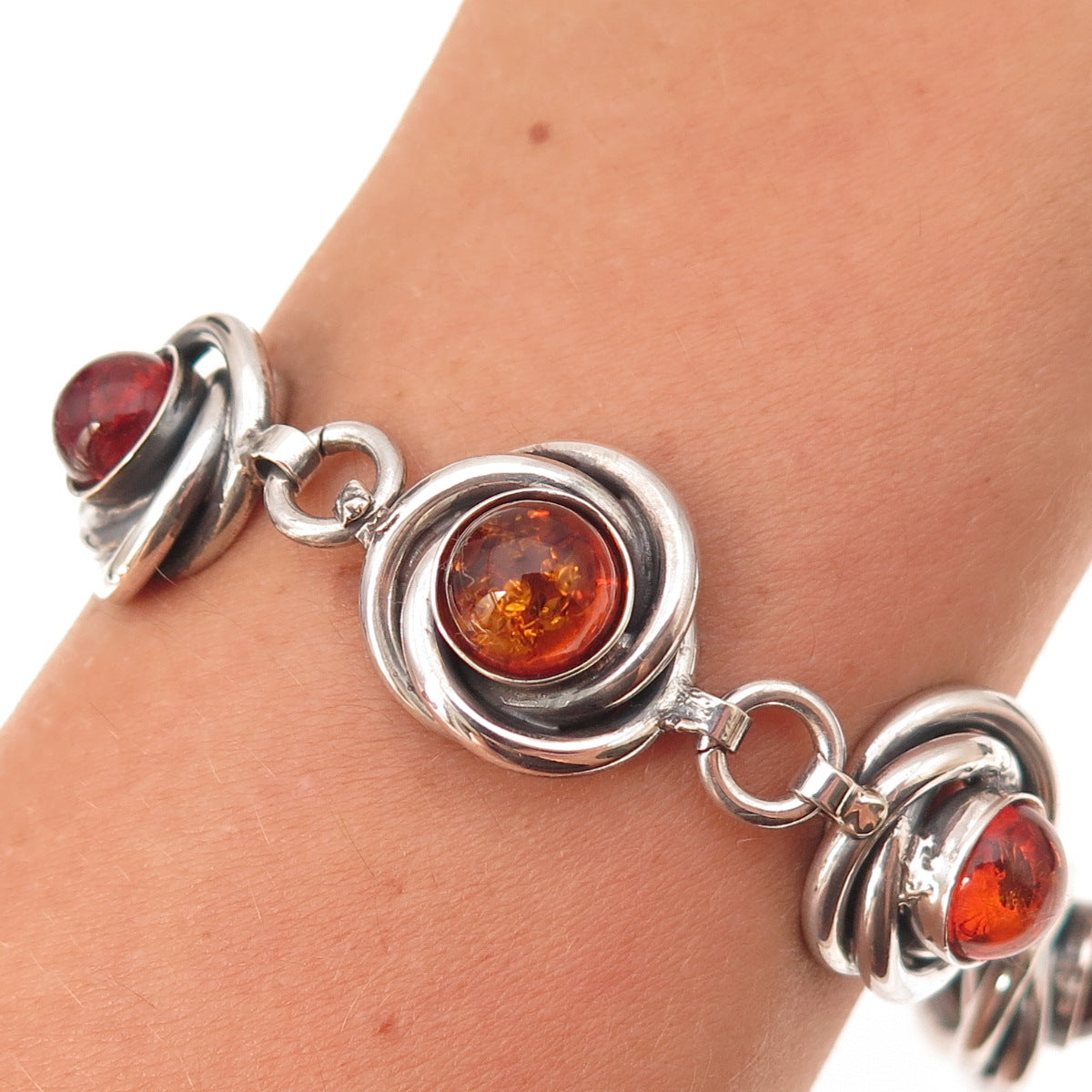 925 Sterling Silver Vintage Mexico Real Amber Trinity Link Bracelet 7.5"