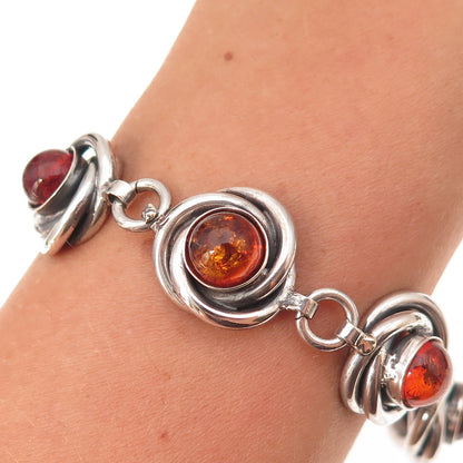 925 Sterling Silver Vintage Mexico Real Amber Trinity Link Bracelet 7.5"