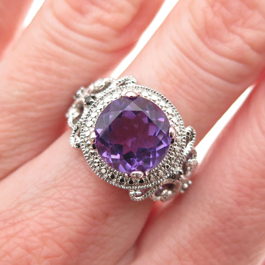 925 Sterling Silver Real Round-Cut Diamond Accent & Amethyst Ring Size 6