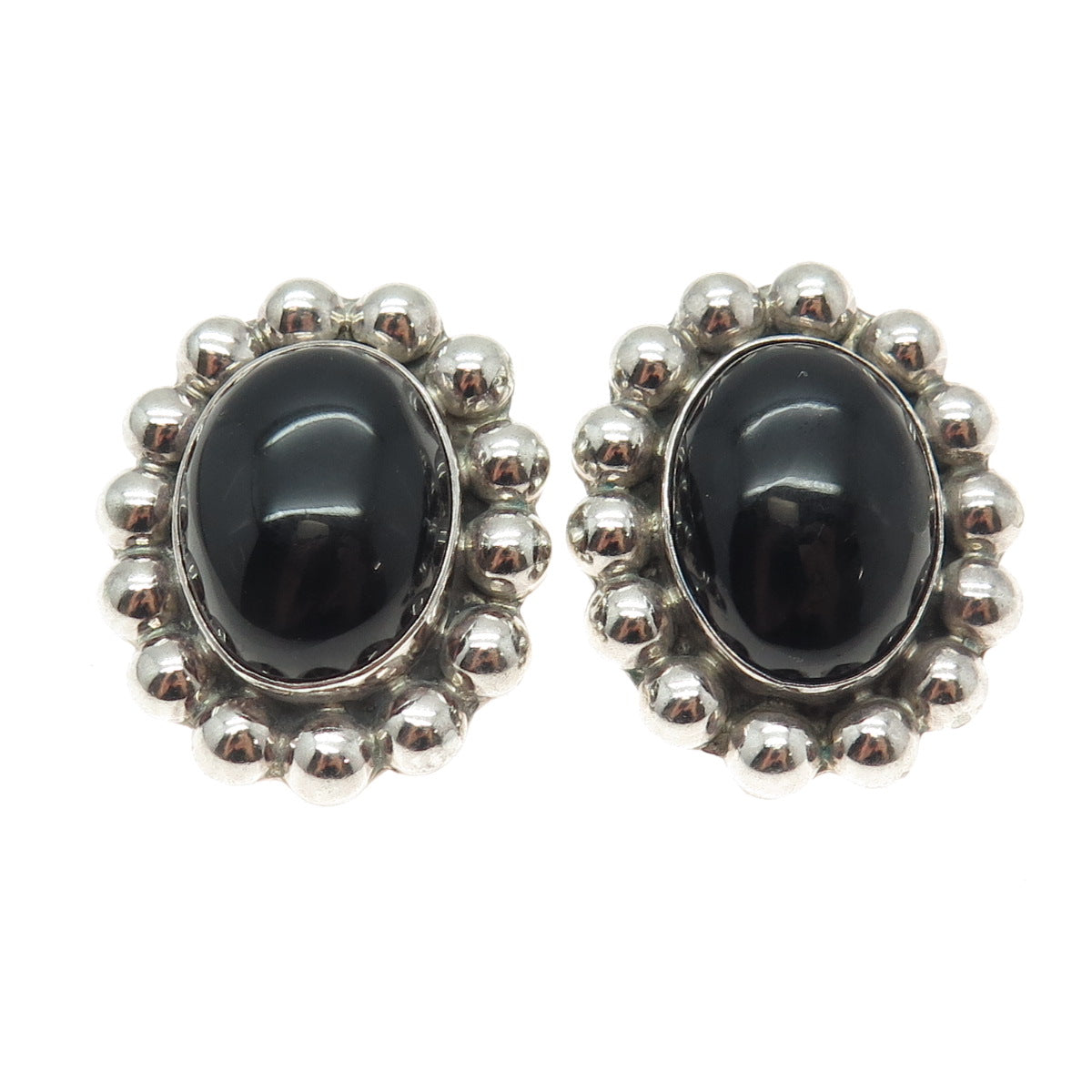 925 Sterling Silver Vintage Mexico Real Black Onyx Beaded Clip On Earrings