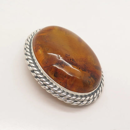 925 Sterling Silver Vintage Real Amber Twisted Oval Pin Brooch