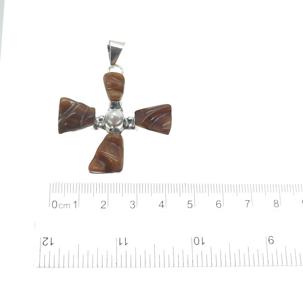 925 Sterling Vintage HOB Mexico Real Pearl & Faux Amber Modernist Cross Pendant