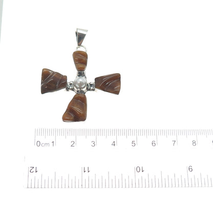 925 Sterling Vintage HOB Mexico Real Pearl & Faux Amber Modernist Cross Pendant