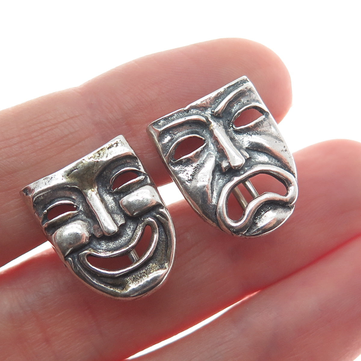 925 Sterling Silver Vintage Comedy & Tragedy Masks Oxidized Screw Back Earrings