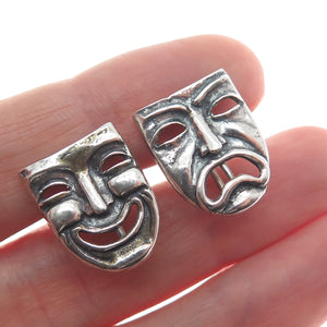 925 Sterling Silver Vintage Comedy & Tragedy Masks Oxidized Screw Back Earrings