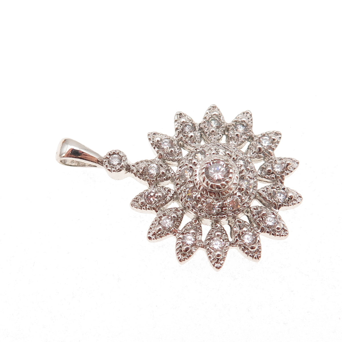 925 Sterling Silver Round-Cut C Z Floral Charm Pendant