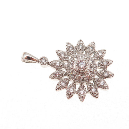 925 Sterling Silver Round-Cut C Z Floral Charm Pendant