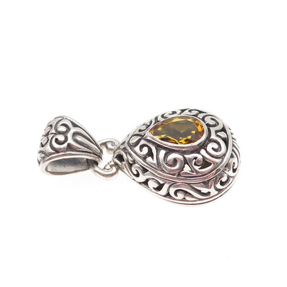 925 Sterling Silver Vintage Real Pear-Cut Citrine Swirl Charm Pendant