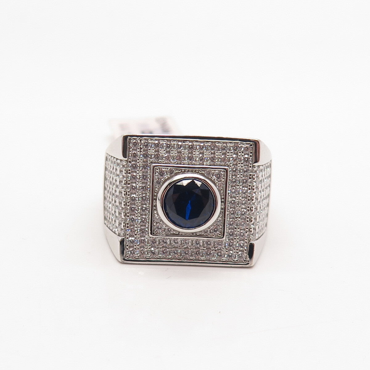 925 Sterling Silver White & Blue C Z Wide Men's Ring Size 11
