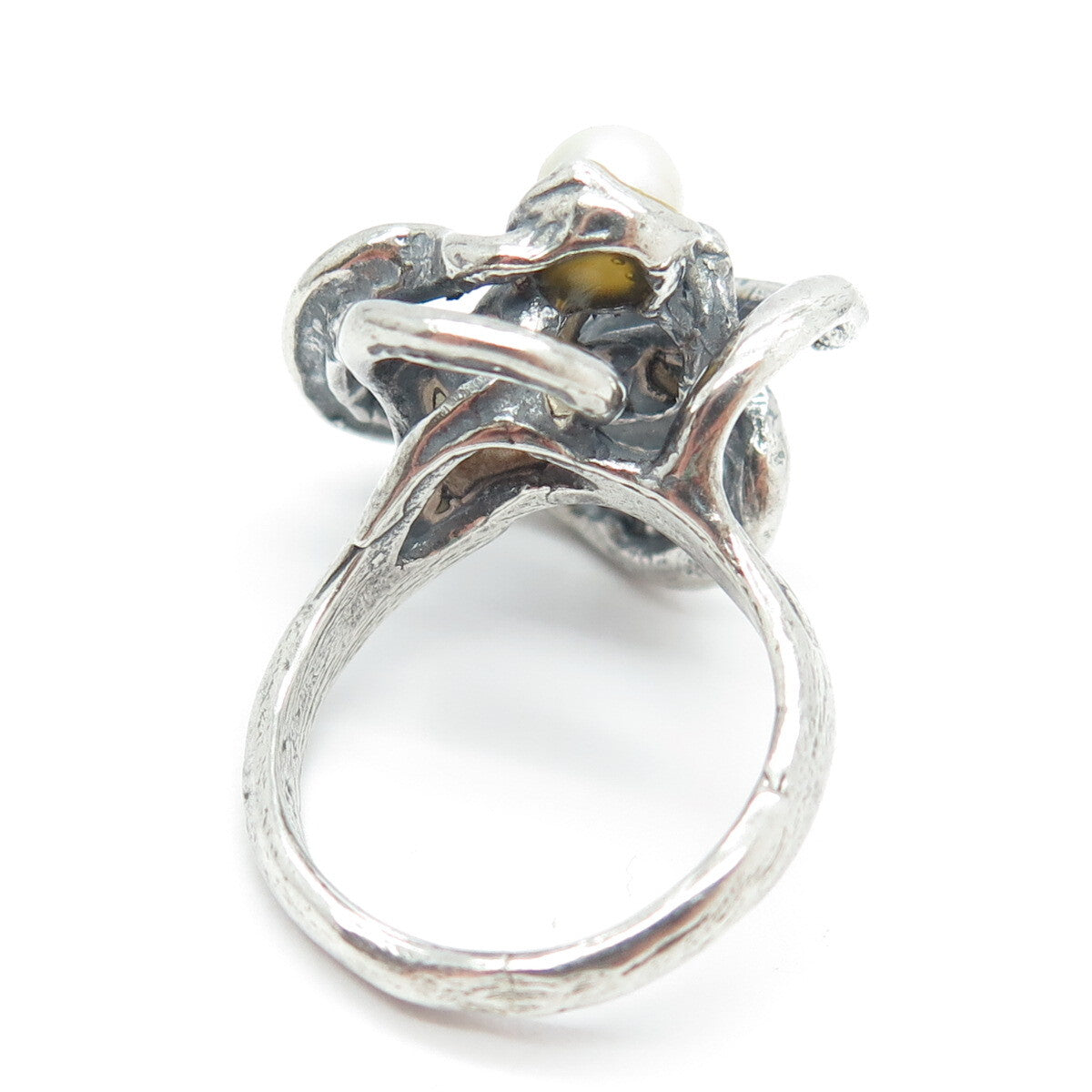 925 Sterling Silver Vintage Real Pearl Modernist Ring Size 6.75
