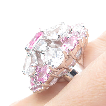 925 Sterling Silver White & Pink C Z Wide Domed Ring Size 8.25