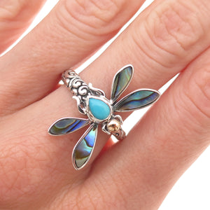 Samuel Benham Sterling 18K Gold Turquoise & Abalone Shell Dragonfly Ring Size 8