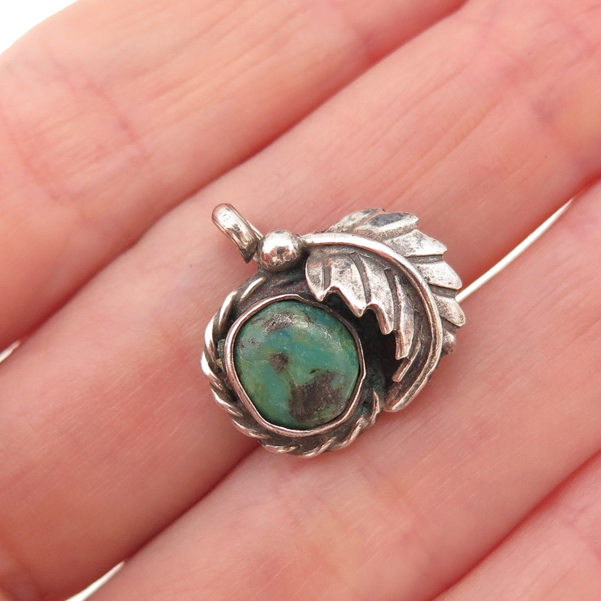 Old Pawn 925 Sterling Silver Vintage Royston Turquoise Feather Charm Pendant