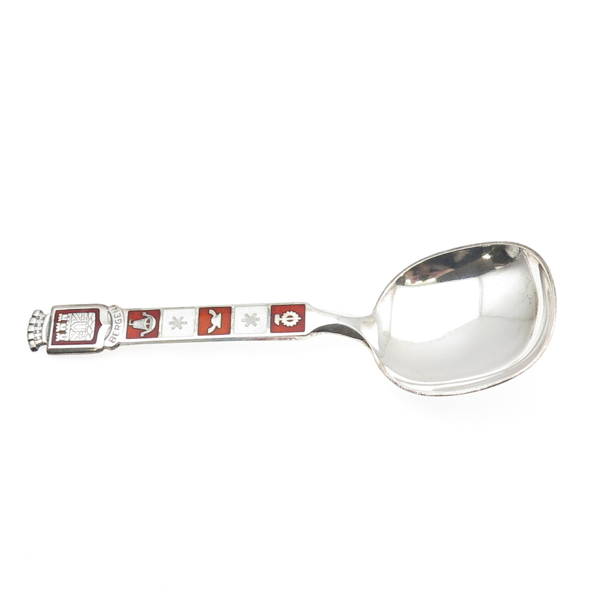 MAGNUS AASE 925S Sterling Vintage Norway Enamel Bergen Coat of Arms Baby Spoon