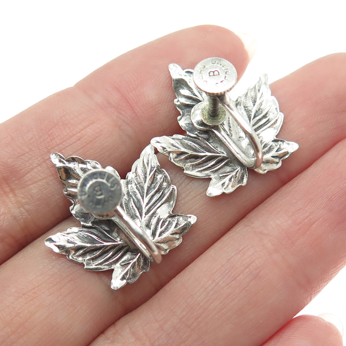 BEAU 925 Sterling Silver Antique Art Deco Maple Leaf Screw Back Earrings